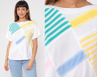 80s Striped T-Shirt White Boatneck Top Pastel Pink Yellow Blue Green Diagonal Stripes Patchwork Tee Retro Casual Blouse Vintage 1980s Large