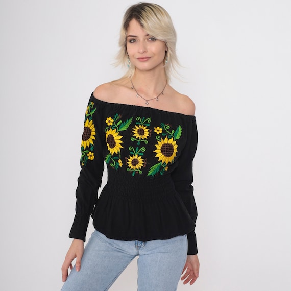 Mexican Floral Blouse 90s Off Shoulder Top Black Peasant Shirt Embroidered Sunflower Boho Long Sleeve Puebla Hippie Vintage 1990s Small