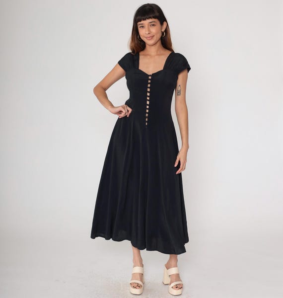 80s Gothic Black Maxi Dress Button Front Cap Sleeve Sweetheart Neckline Vintage Party Evening Cocktail Prom Dark Soft Grunge Alt Medium M