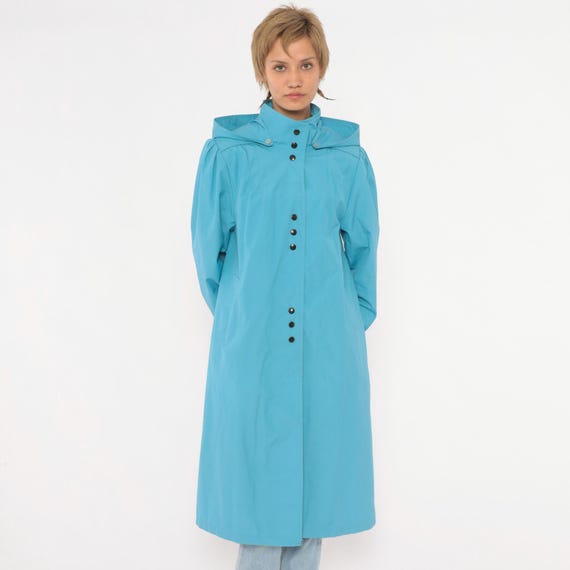 70s Blue Hooded Raincoat Snap Front Trench Coat Long Puff Sleeve Stand Collar Turquoise Hood Jacket Duster Rain Fall Autumn Winter Medium M