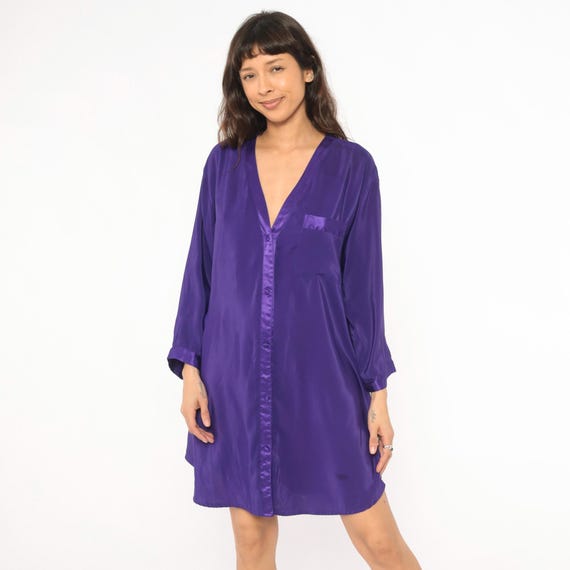 Purple Satin Sleep Shirt 90s Button Front Nightshirt Violet Top Plum V Neck Silky Lounge Dress Grape Sleepwear Knee Length Vintage Large L