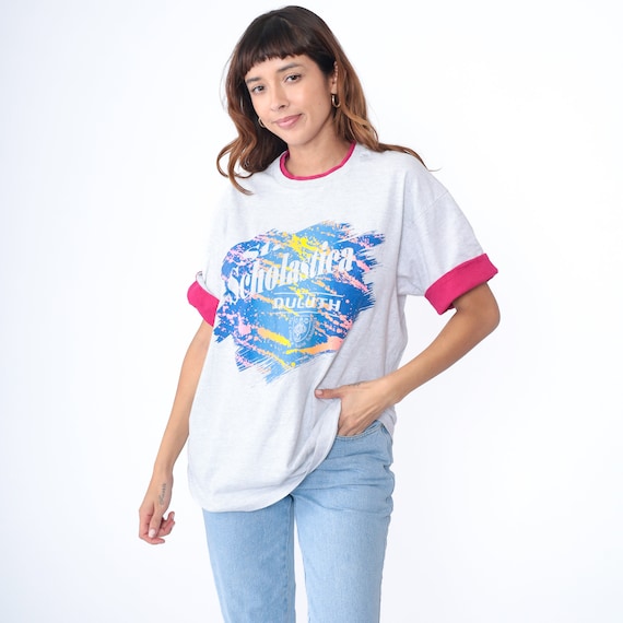 St. Scholastica College T-Shirt 90s Duluth Minnesota Shirt College Sports Graphic Grey Pink Cuffed Sleeve Ringer Tee Vintage 1990s Large xl
