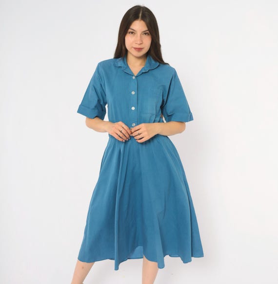 80s Blue Shirt Dress Cotton Short Sleeve Elastic Waist Midi Collared Teal Chest Pocket A Line Minimalist Workwear Sundress Vintage Medium M