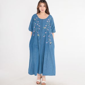 Floral Denim Dress Y2k Jean Hummingbird Midi Dress Embroidered Flower Bird Dress Blue Shift Retro Casual Short Sleeve Vintage 00s 2x 2xl image 2