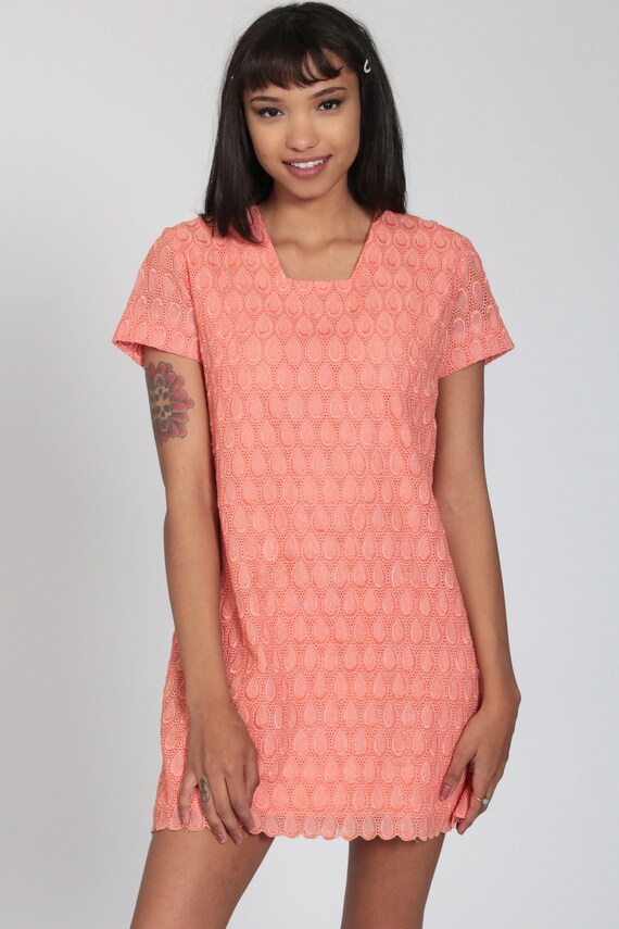 Vintage LACE Mini Dress Orange 60s Mod Party 1960s Cocktail Dress Bohemian Shift Boho Short Sleeve Romantic Formal Dress Small