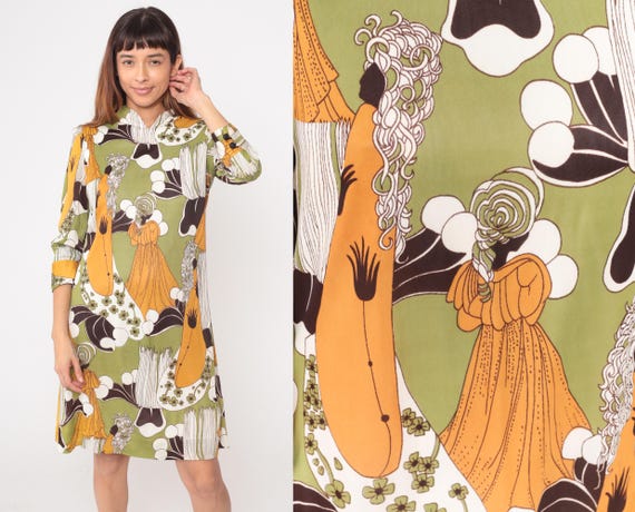 60s Psychedelic Dress Ladies Figure Print Abstract Art Nouveau Vintage Shift Olive Green Orange Brown White Medieval Revival Medium M