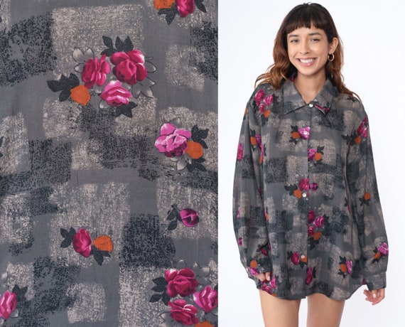 Grey Floral Blouse 90s Button Up Shirt Long Sleeve Top Flower Print Casual 1990s Geometric Print Pink Orange Vintage XL 2XL XXL