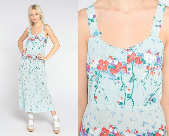 Baby Blue Floral Dress 70s Asian Inspired Blossom… - image 1