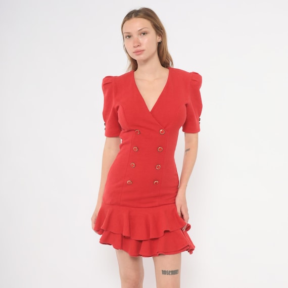 80s Double Breasted Dress Red Puff Sleeve V Neck Mini Frock Gold Ruffle Hem Fitted Waist Cherry Cocktail Party Cotton Blazer Extra Small XS
