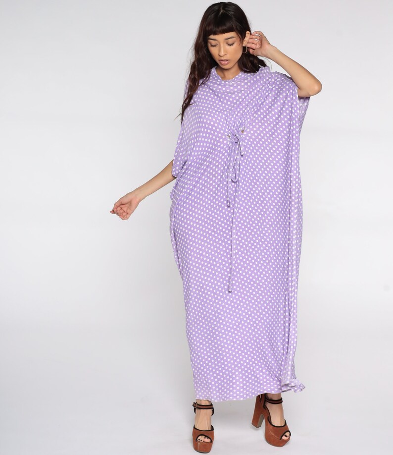 Hippie Caftan Dress 70s Maxi Boho Tent Purple Polka Dot Cocoon Dress 1970s Kimono Sleeve Bohemian Vintage Festival Small Medium Large xl image 3
