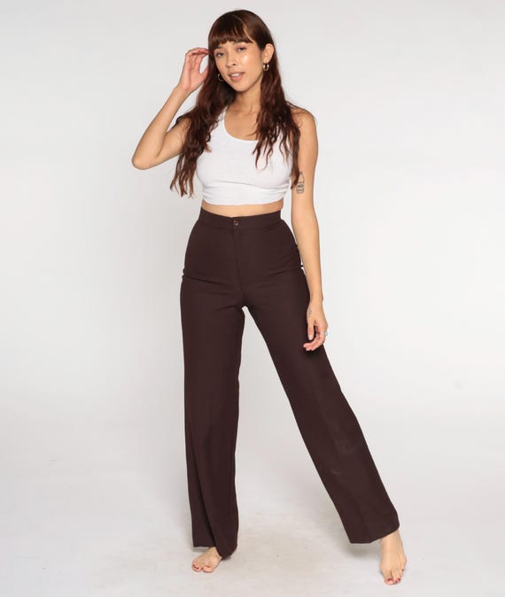 70s Wide Leg Pants Brown Put On Vintage High Waisted Flare Trousers Polyester Hippie Boho  Retro Groovy Bell Bottom Style 27 Small S