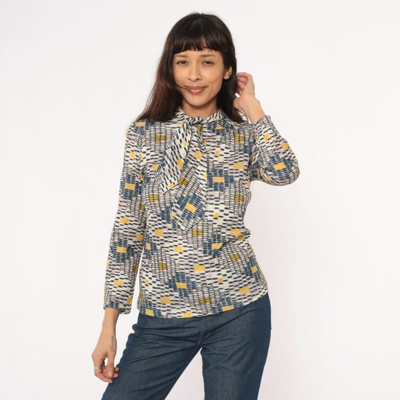 70s Pussy Bow Blouse Geometric Dotted Navy Blue Yellow Mustard Cream Tie Neck Office Vintage Top Abstract Pattern Mod Style Preppy Small S