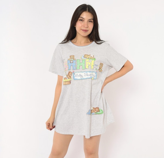 Teddy Bear Sleep Shirt 90s Grey Maternity Nightgown Baby Sleeping Graphic Tee Dress Pajama Top Sleepwear Loungewear Short Sleeve Medium M