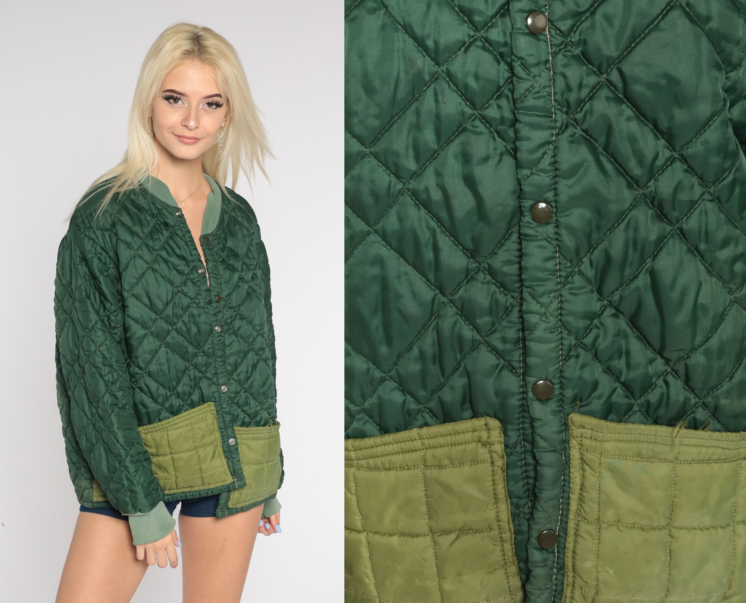 Green Quilted Jacket 70s Insulated Jacket Liner Snap Up Puffy Retro