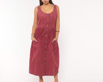 Mauve Corduroy Jumper 90s Button Front Sleeveless Dress Patch Pocket Cotton Midi Prairie Burgundy Plum Vintage Grunge Fall Autumn Medium M