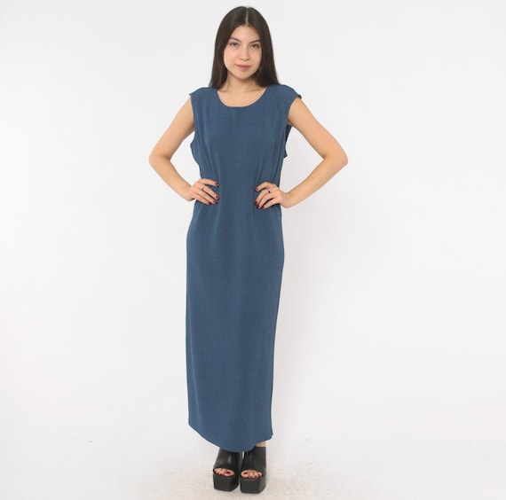 90s Slate Blue Maxi Dress Sleeveless Column Shift Scoop Neck Ankle Length Knit Minimal Straight Cut Pullover Vintage Womens Extra Large XL