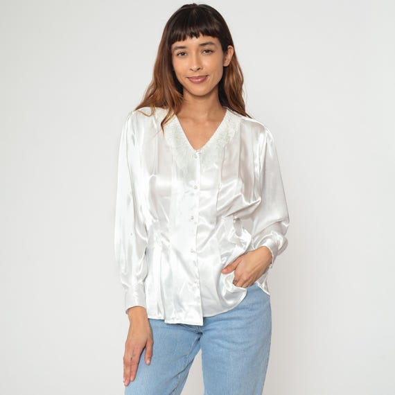 White Lace Collar Blouse 90s Button Front Puffy Fitted Waist Cottagecore Prairie Victorian Romantic Feminine Work Shirt Top Vintage Small S