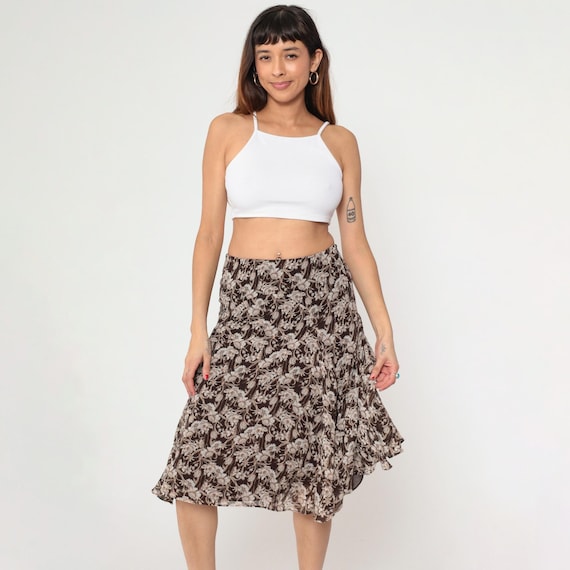 Brown Floral Midi Skirt Nine West Boho Print 00s Vintage Semi-Sheer Hippie Festival Hipster 2000s Small 4