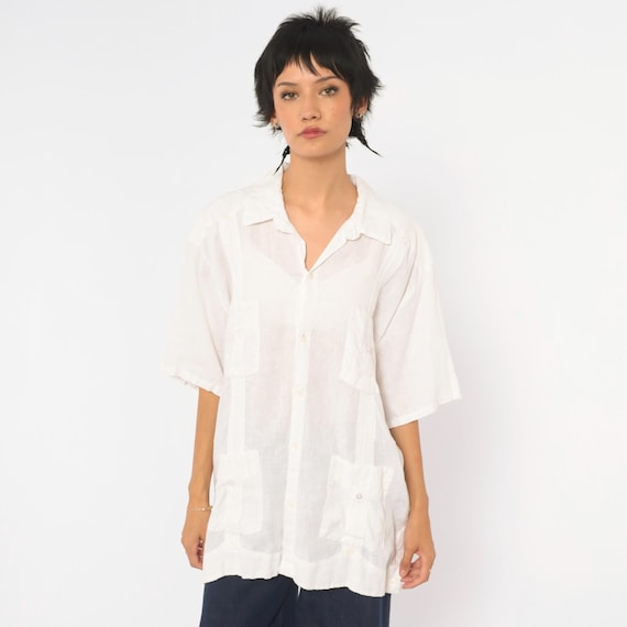 White Linen Shirt 80s Short Sleeve Button Front Pintuck Pleated Camp Collar Mexican Wedding Top Boxy Sheer  Beach Blouse Vintage Medium M