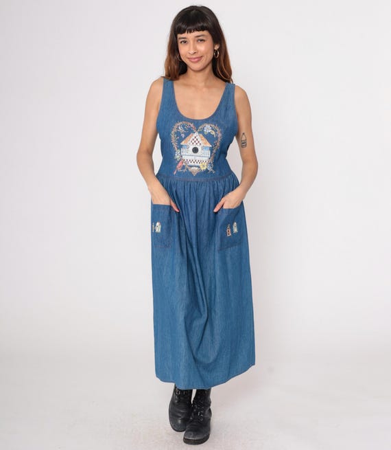 Denim Jumper Dress 90s Cottagecore Birdhouse Folk Sleeveless Midi Tank Prairie Country Vintage Maxi Garden Boho Casual Small S