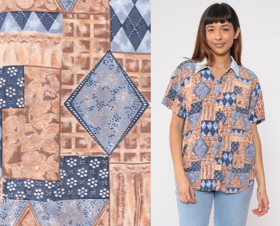 Geometric Floral Blouse 90s Button up Shirt Abstract Patchwork Print Top Short Sleeve Collared Blue Tan Boho Grunge Vintage 1990s Large L