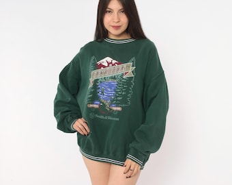 90s Great Outdoors Sweatshirt Forest Green Graphic Olive Fishing Moose Mountain Striped Rib Woodsy Granola Camping Hiking Vintage Large L
