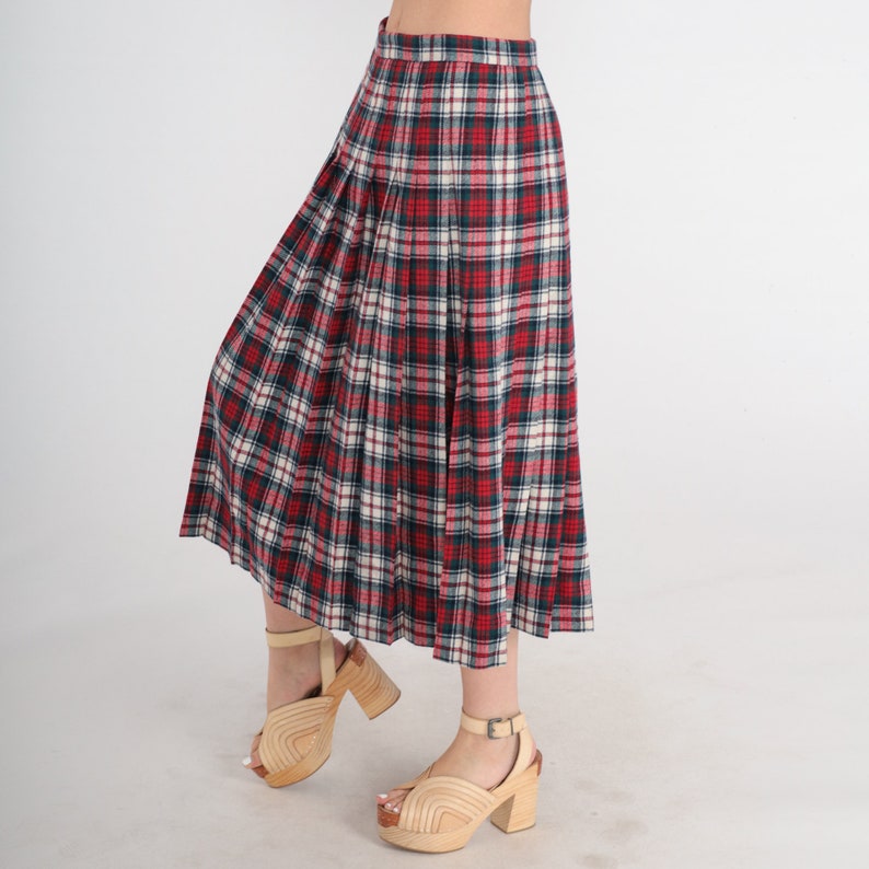 Pendleton Midi Skirt 80s Red Plaid Wool Skirt High Waisted Pleated School Girl Preppy Green White Tartan Uniform Vintage 1980s Small 28 image 3