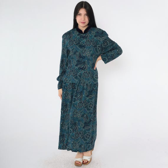 90s Paisley Dress Blue Button Up Shirtdress Asian Inspired Velvet Mandarin Collar 1990s Long Puff Sleeve Vintage Frog Closure Medium Large