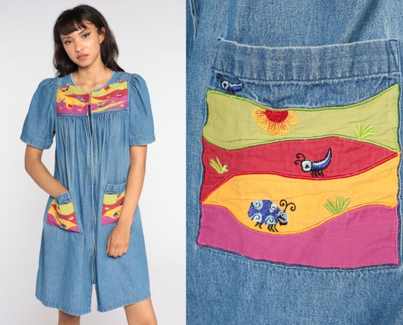 90s Denim Dress Floral Butterfly Dress Tent Mini … - image 1