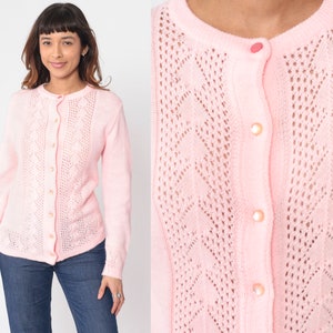 70s Baby Pink Cardigan Pointelle Knit Button up Sweater Open Weave Cutout Boho Pastel Grandma Cut Out Spring Acrylic Vintage 1970s Small S image 1