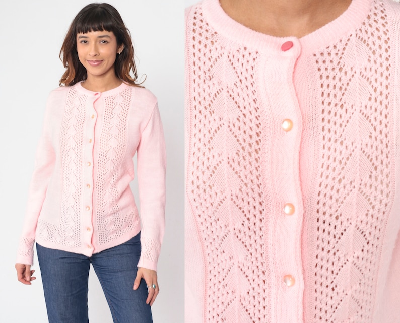 70s Baby Pink Cardigan Pointelle Knit Button up Sweater Open Weave Cutout Boho Pastel Grandma Cut Out Spring Acrylic Vintage 1970s Small S image 1