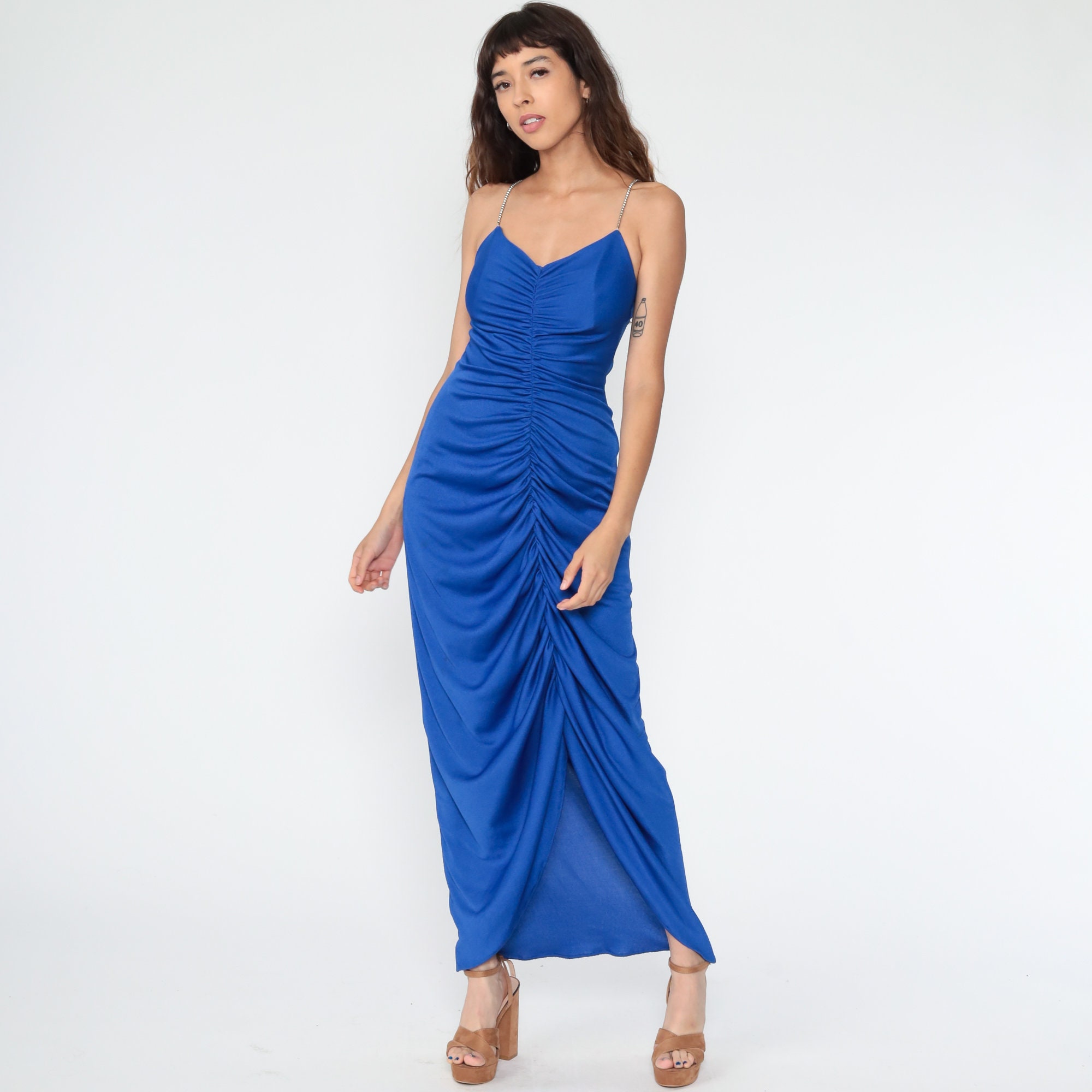 Blue Maxi Dress 90s Party RHINESTONE Strap Dress Grecian Ruched Dress ...