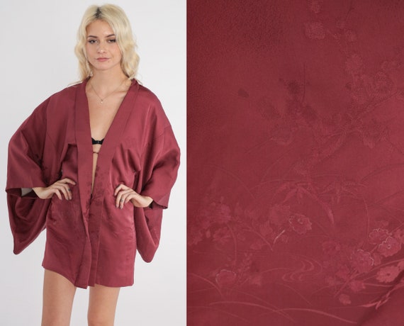 Berry Silk Kimono Robe 70s Floral Embossed Jacket Open Front Boho Retro Asian Inspired Seventies Hippie Festival Vintage 1970s Wine Small