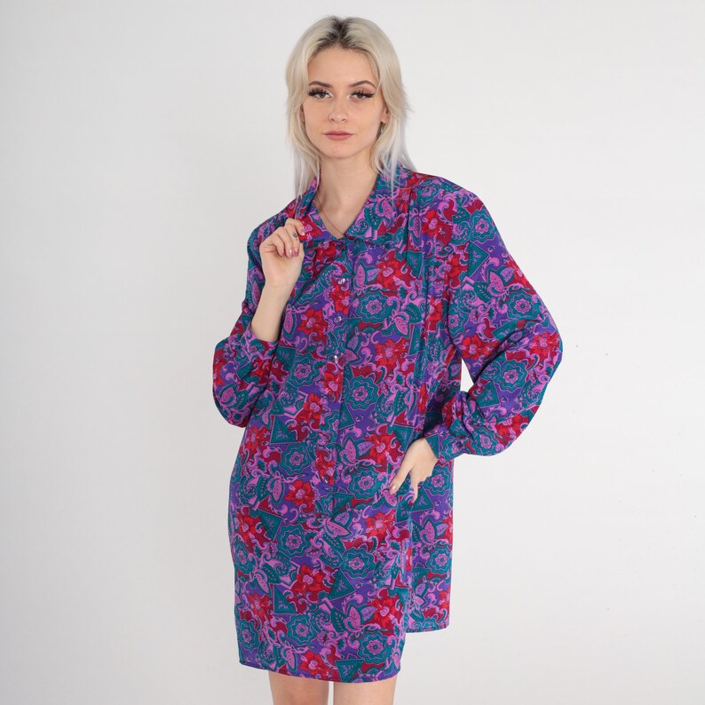 80s Mini Dress Purple Paisley Floral Print Day Dress Long sleeve Button up Shift Hippie Boho Groovy Shirtdress Minidress Vintage 1980s Large image 2