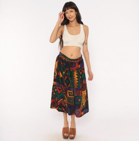 Aztec Geometric Skirt 90s Tribal Print Midi Black Red Green Gold Blue Spiral Swirl Abstract Colorful Summer Southwestern Gathered Full