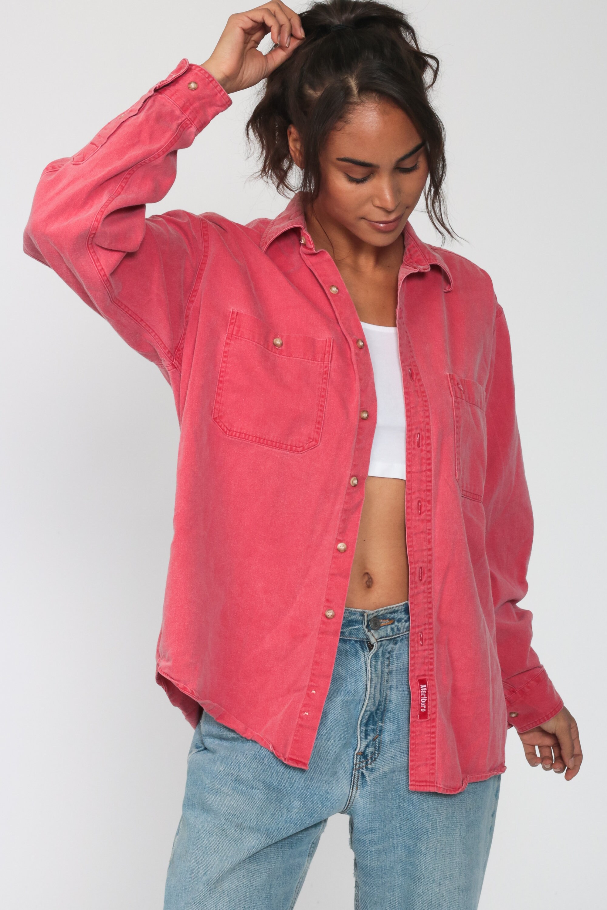 long sleeve red button up shirt