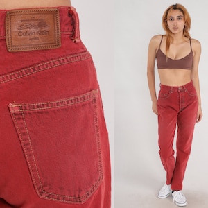 Red Calvin Klein Jeans 00s CK Jeans Mom Slim Straight Leg Skinny Jeans High Waisted Jeans Denim Button Fly Pants Y2K Vintage Small 26