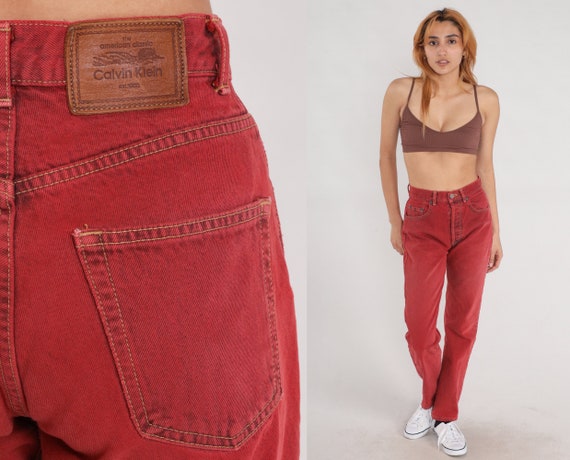 Red Calvin Klein Jeans 00s CK Jeans Mom Slim Straight Leg Skinny Jeans High Waisted Jeans Denim Button Fly Pants Y2K Vintage Small 26