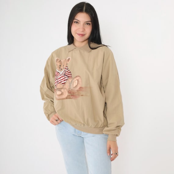 Vintage 80s Teddy Bear Pullover Shirt Hand Painted Beige Cotton Collared Long Sleeve Top Preppy Drop Shoulder 90s OS Small Medium Large