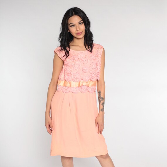 Lace Cocktail Dress 60s Pink Party Dress Glittery Floral Mini Dress Formal High Waist Cap Sleeve Ribbon Bow Mad Men Vintage 1960s Medium M