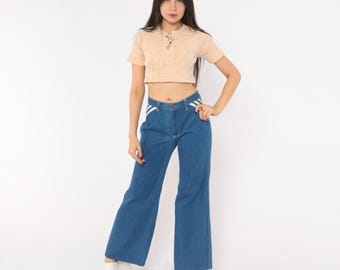 70s Bell Bottom Jeans Blue Denim Wide Leg Flare White Stripe Cotton Mid Rise Hippie Disco Viceroy Sportswear Vintage Pants Trousers Medium M