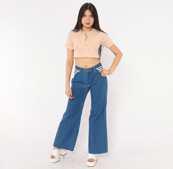70s Bell Bottom Jeans Blue Denim Wide Leg Flare White Stripe Cotton Mid Rise Hippie Disco Viceroy Sportswear Vintage Pants Trousers Medium M