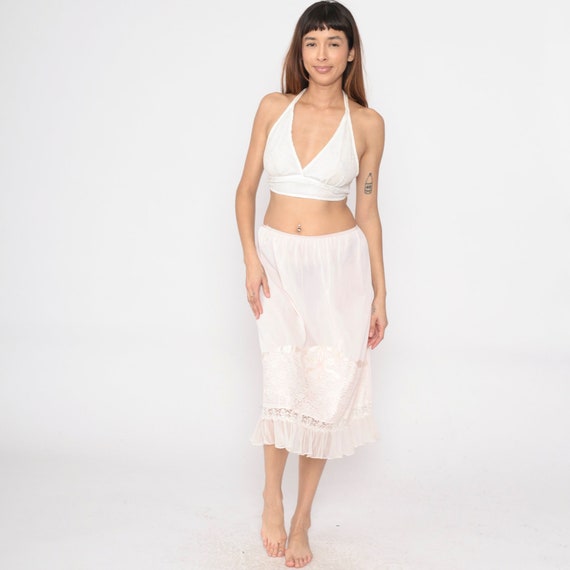 70s Slip Skirt Baby Pink Lace Floral Applique Semi-Sheer Lingerie Half Slip Midi Skirt Pleated Pastel Retro Vintage 1970s Medium Large
