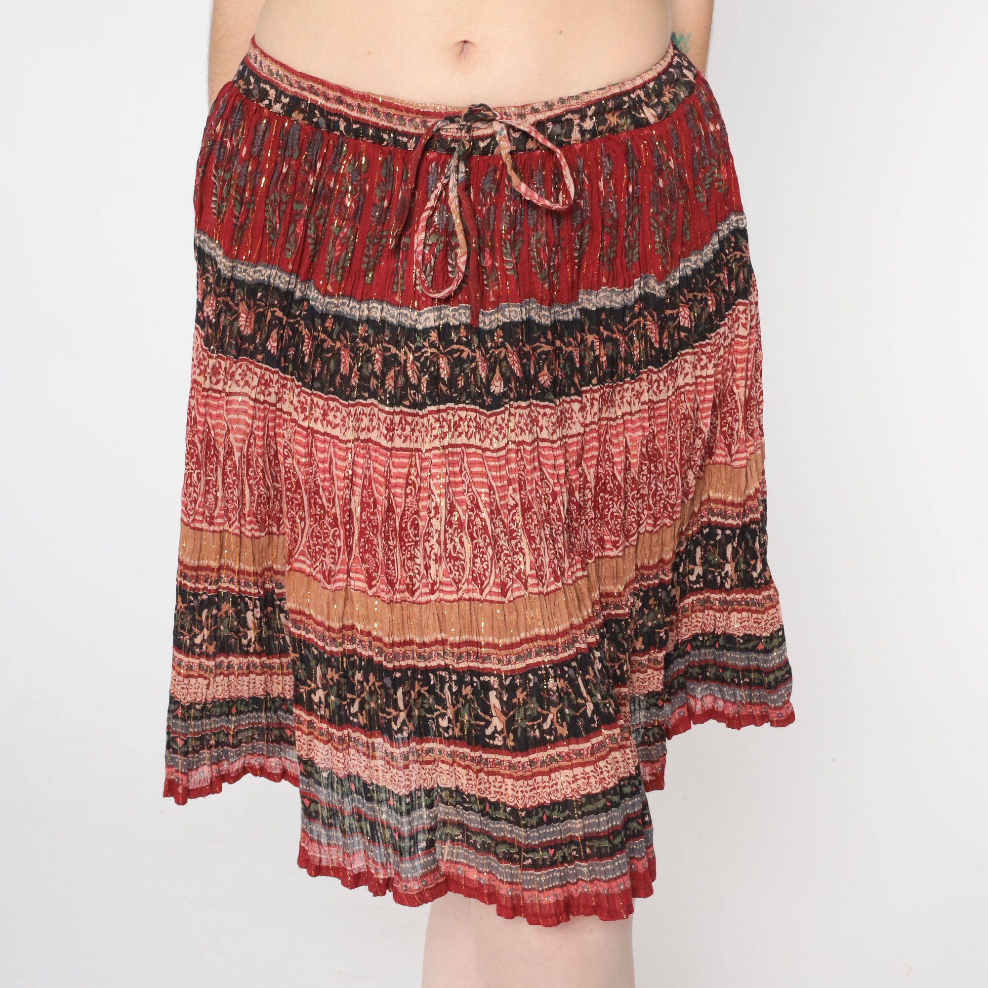 Gauze Broomstick Skirt 90s Red Metallic Floral Mini Bohemian Skirt