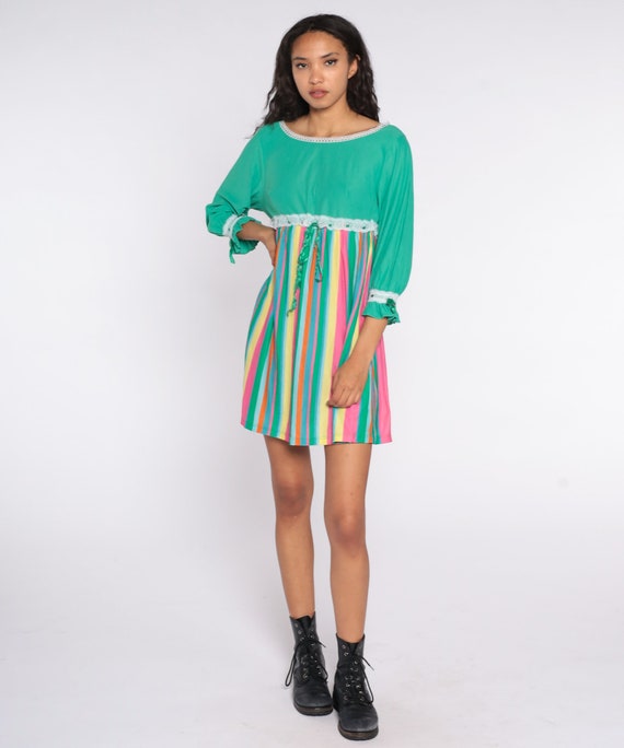 70s Mini Dress Rainbow Striped Lounge Dress Empir… - image 3