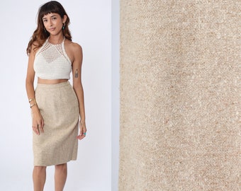 Tweed Pencil Skirt 80s Beige Wool Midi Skirt Retro Preppy Straight Flecked High Waist Professional Office Secretary Vintage 1980s Small - xs