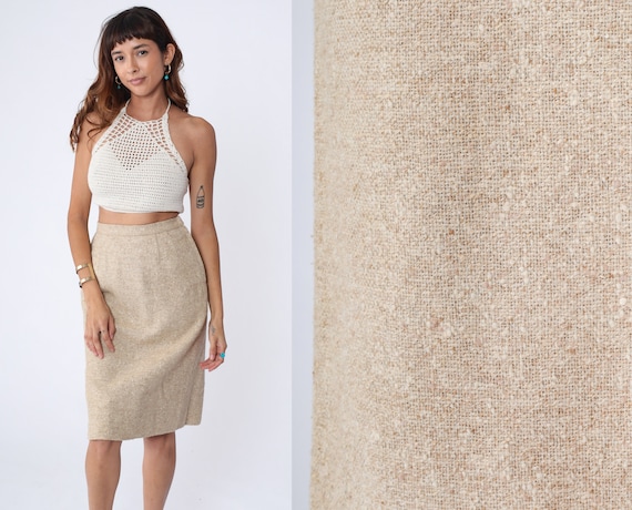 Tweed Pencil Skirt 80s Beige Wool Midi Skirt Retro Preppy Straight Flecked High Waist Professional Office Secretary Vintage 1980s Small - xs