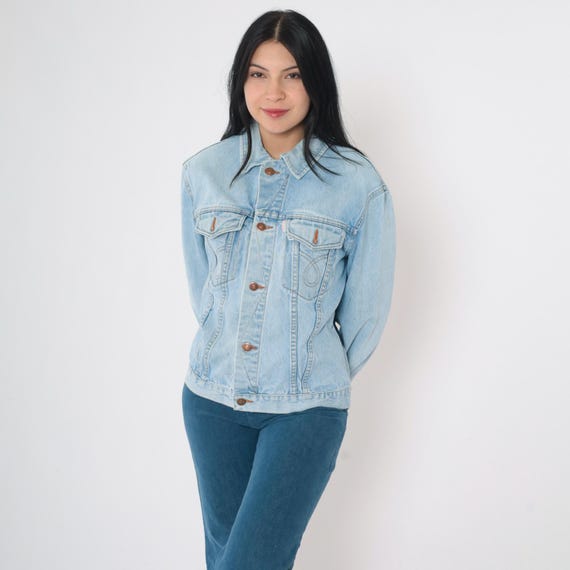 Vintage 80s Denim Jacket Light Wash Jean Jacket 1980s Faded Blue Button Up Trucker Jacket Beaver Jeans Biker Men's Medium M