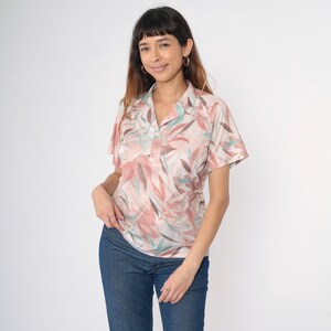 Vintage Botanical Blouse 80s Leaf Print Shirt Pastel Blue Turquoise Button up Shirt Short Sleeve Collared Retro 1980s Medium M