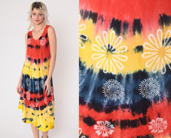 Tie Dye Floral Dress Y2k Tropical Stamped Print Midi Dress Sleeveless Sundress Hippie Red Yellow Blue Vintage 00s Oversized Small Medium